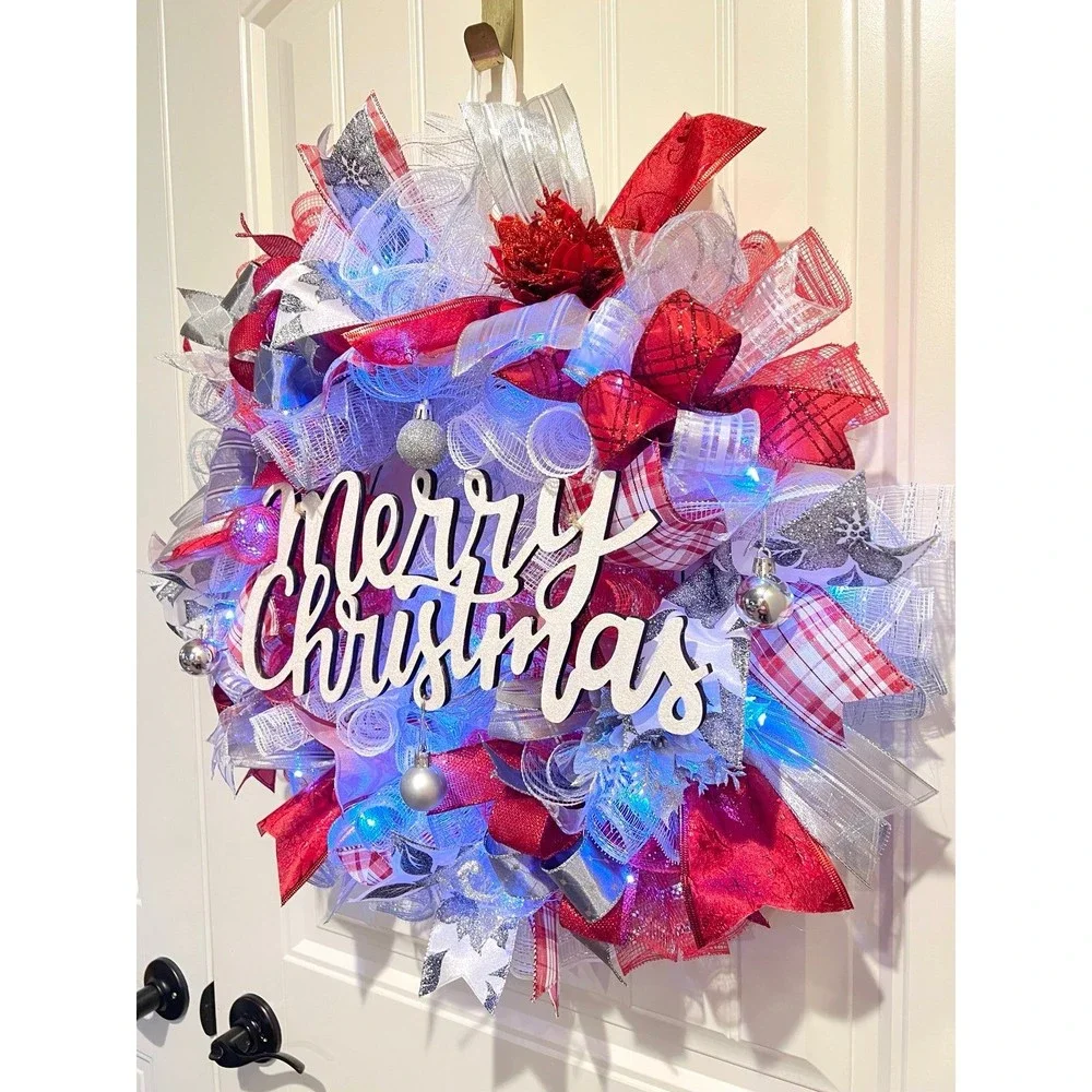 Christmas Poinsettia Holiday Ribbon Door Wreath Handmade 22 ins LED W15